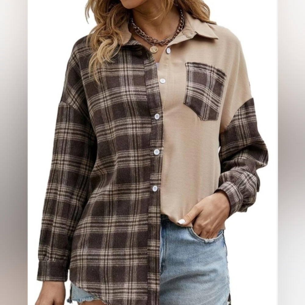 Ladies Brown Plaid Colorblock Button Up Flannel Shirt/XL